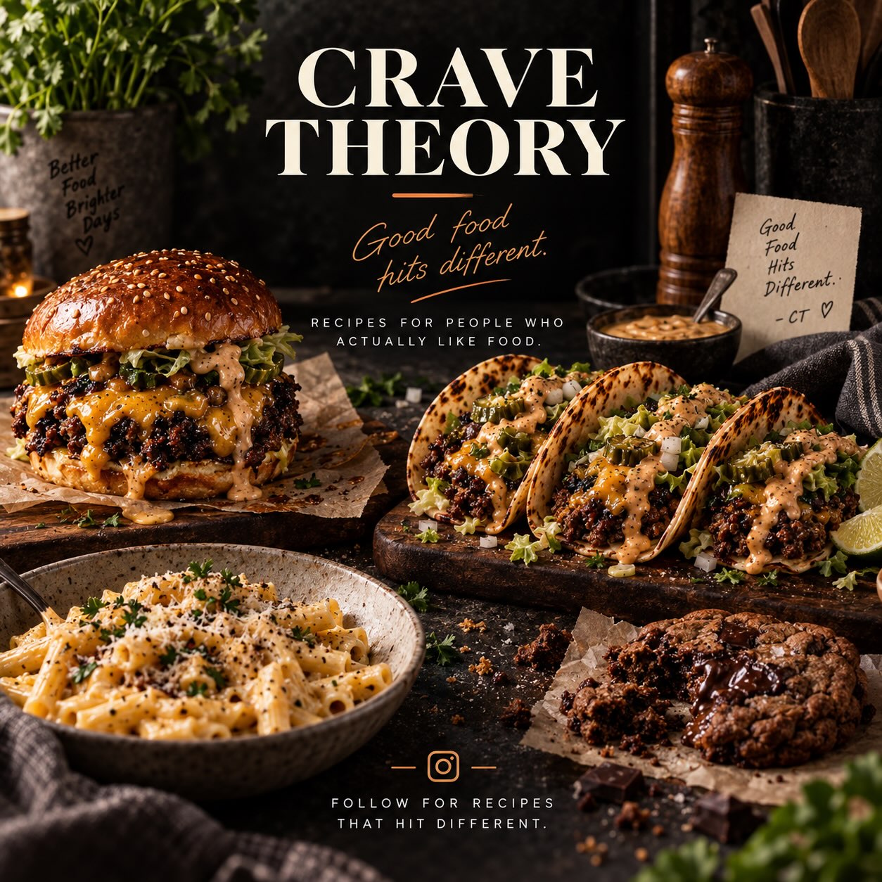 Crave Theory welcome post with burgers, tacos, pasta and cookies