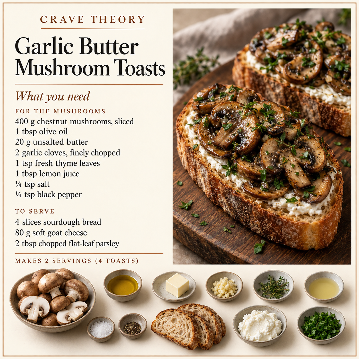 Complete ingredient quantities for Garlic Butter Mushroom Toasts