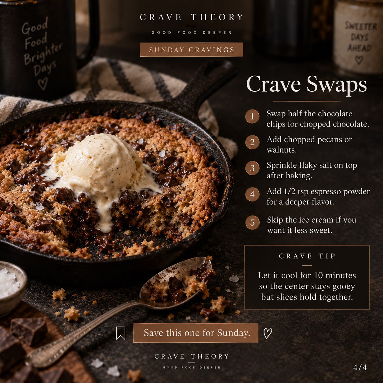 Brown Butter Chocolate Chip Skillet Cookie — original Crave Swaps and tip card