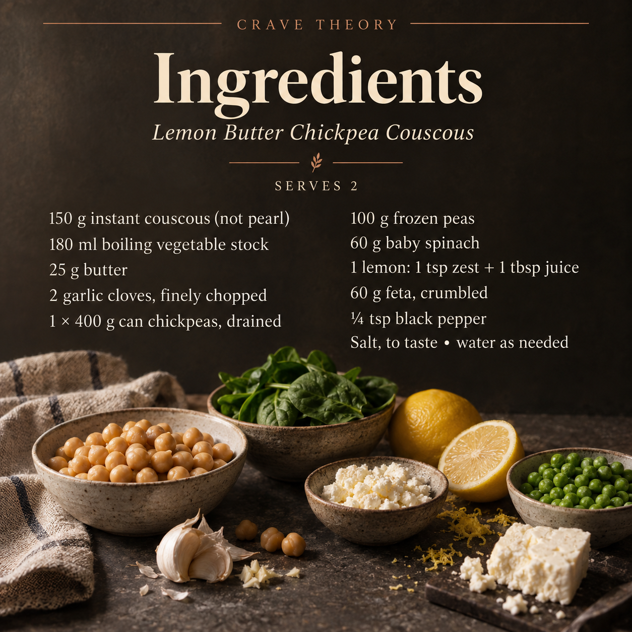 Ingredients for two servings of Lemon Butter Chickpea Couscous, with exact quantities.