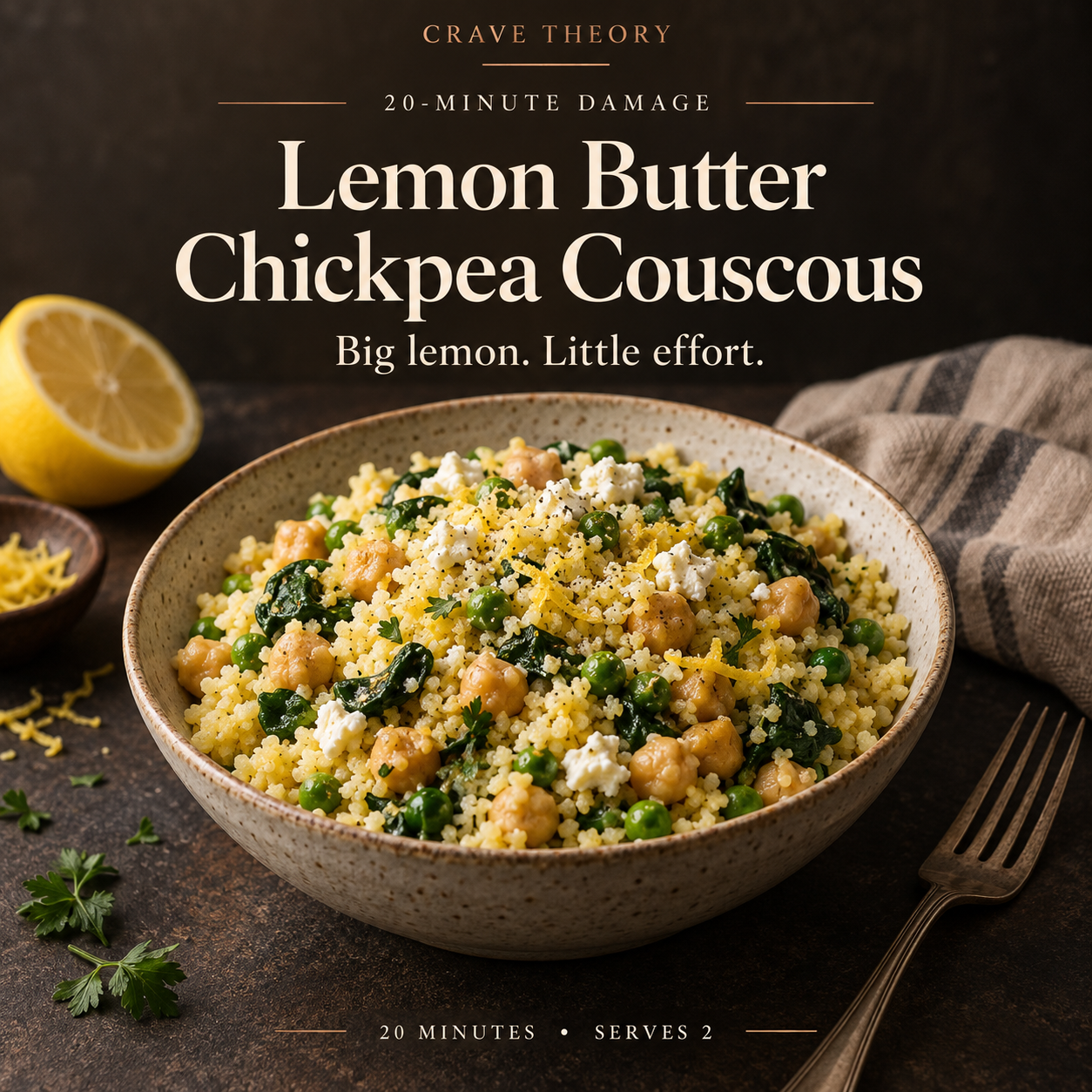 Lemon Butter Chickpea Couscous with peas, spinach, feta and lemon; 20 minutes, serves two.
