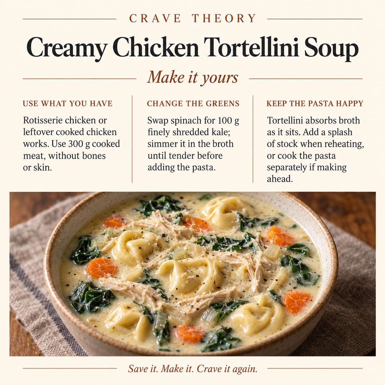 Swaps and tips for Creamy Chicken Tortellini Soup