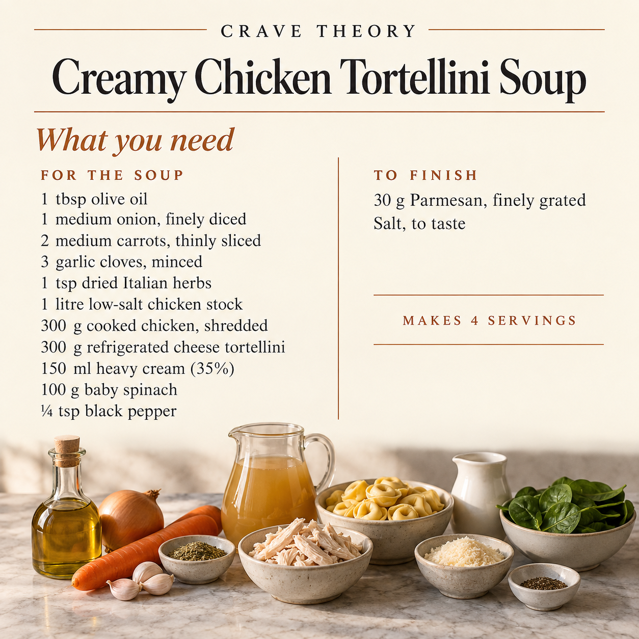 Complete ingredient quantities for Creamy Chicken Tortellini Soup