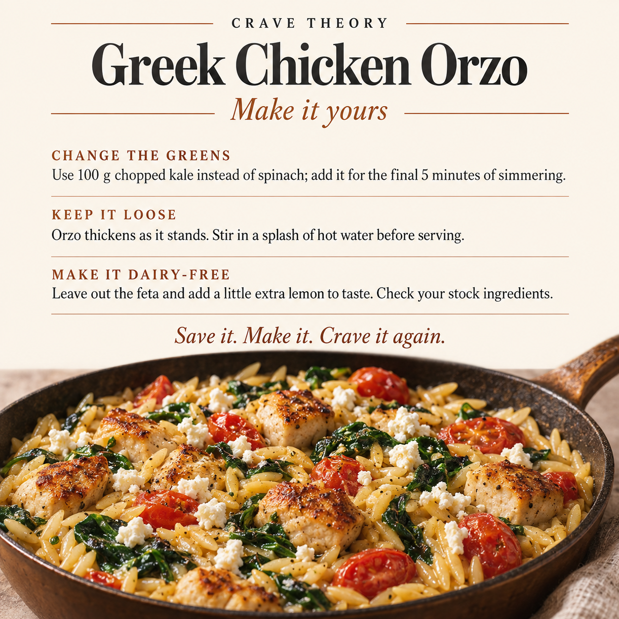 Swaps and tips for Greek Chicken Orzo