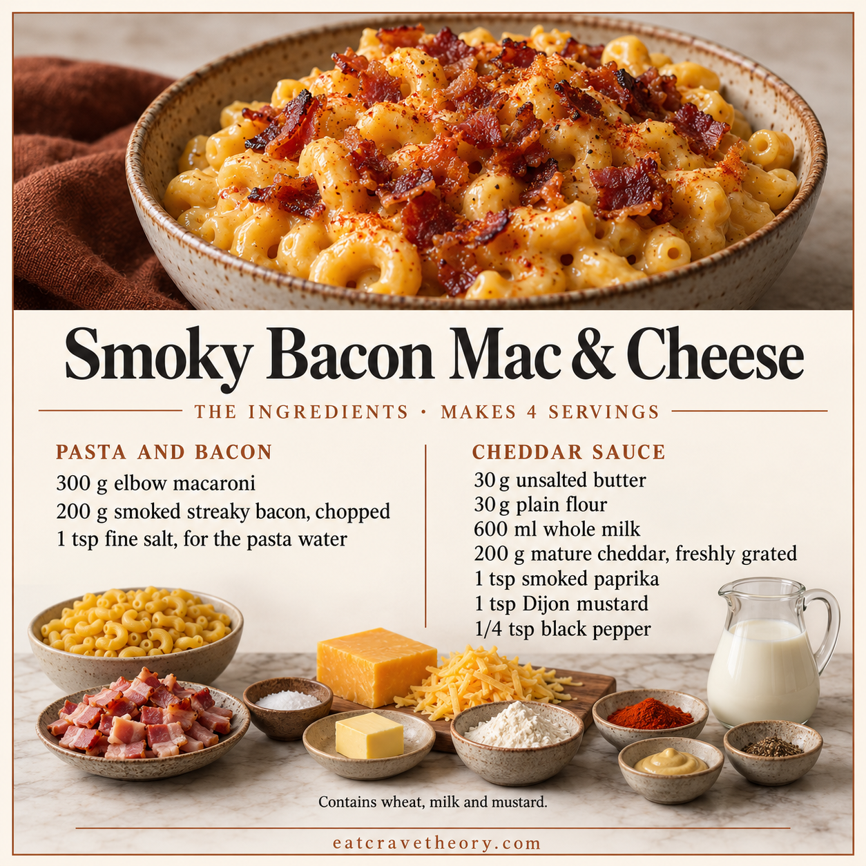 Complete ingredients for Smoky Bacon Mac & Cheese