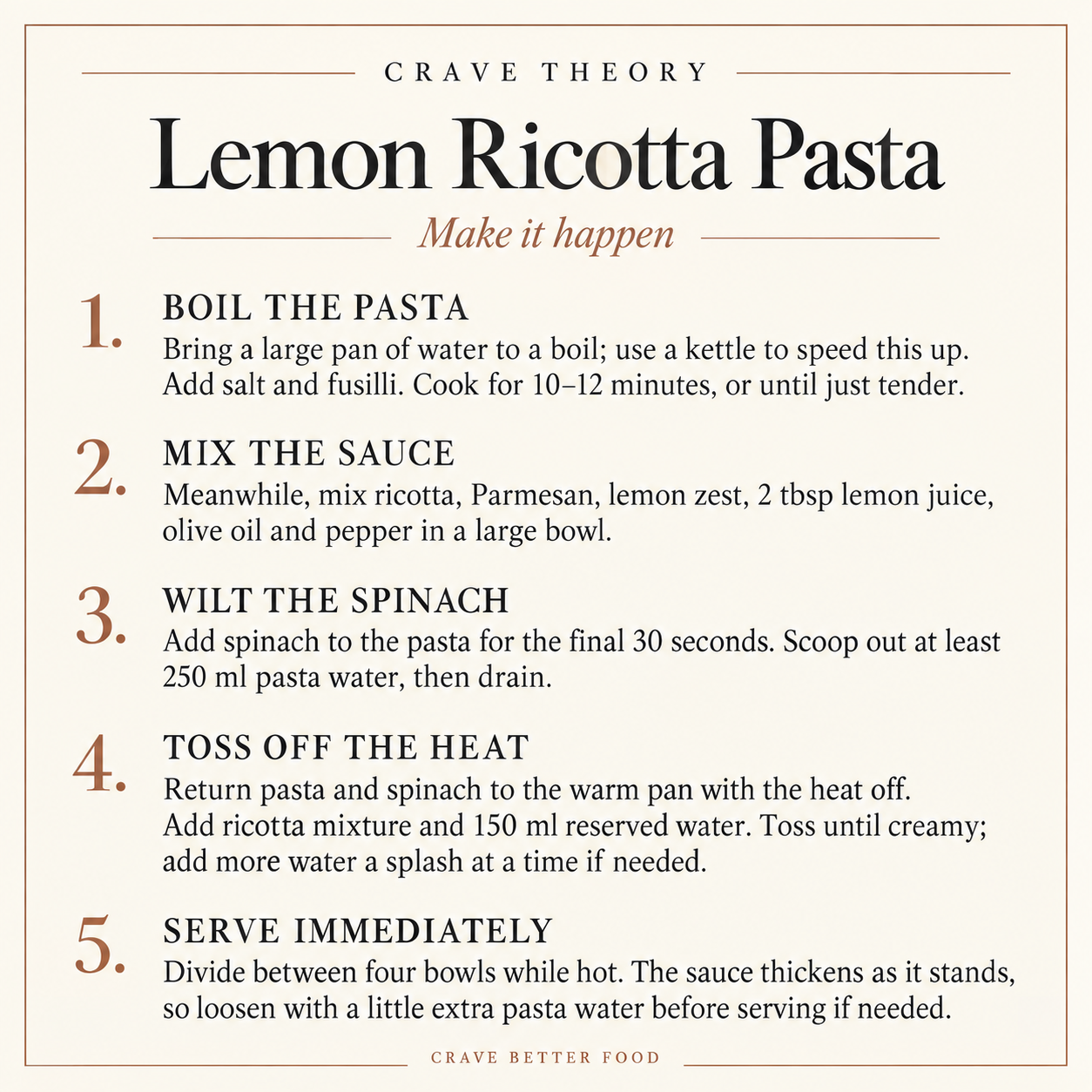 Complete method for Lemon Ricotta Pasta