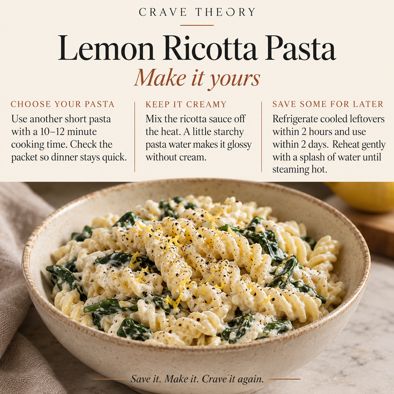 Swaps and tips for Lemon Ricotta Pasta