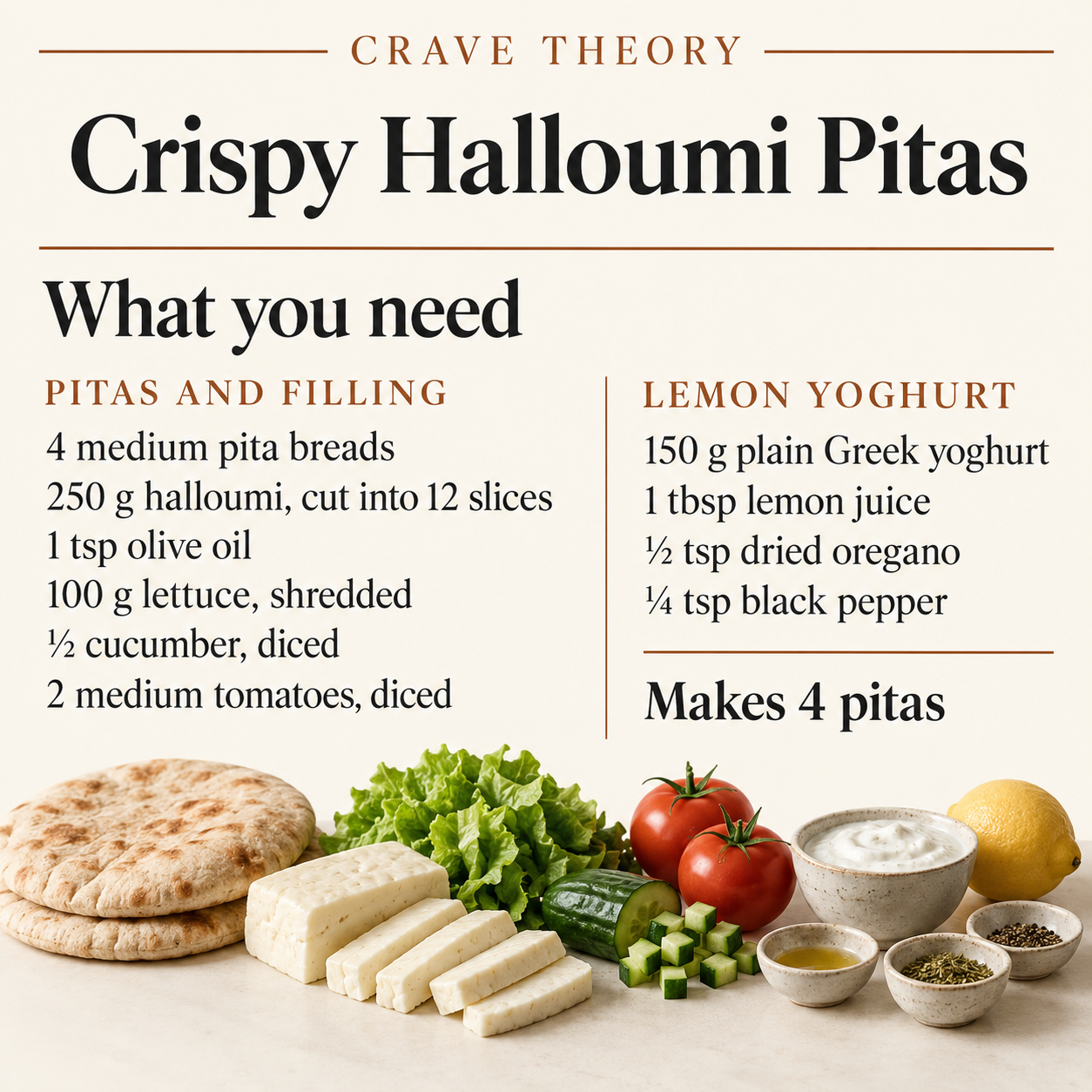 Complete ingredient quantities for Crispy Halloumi Pitas