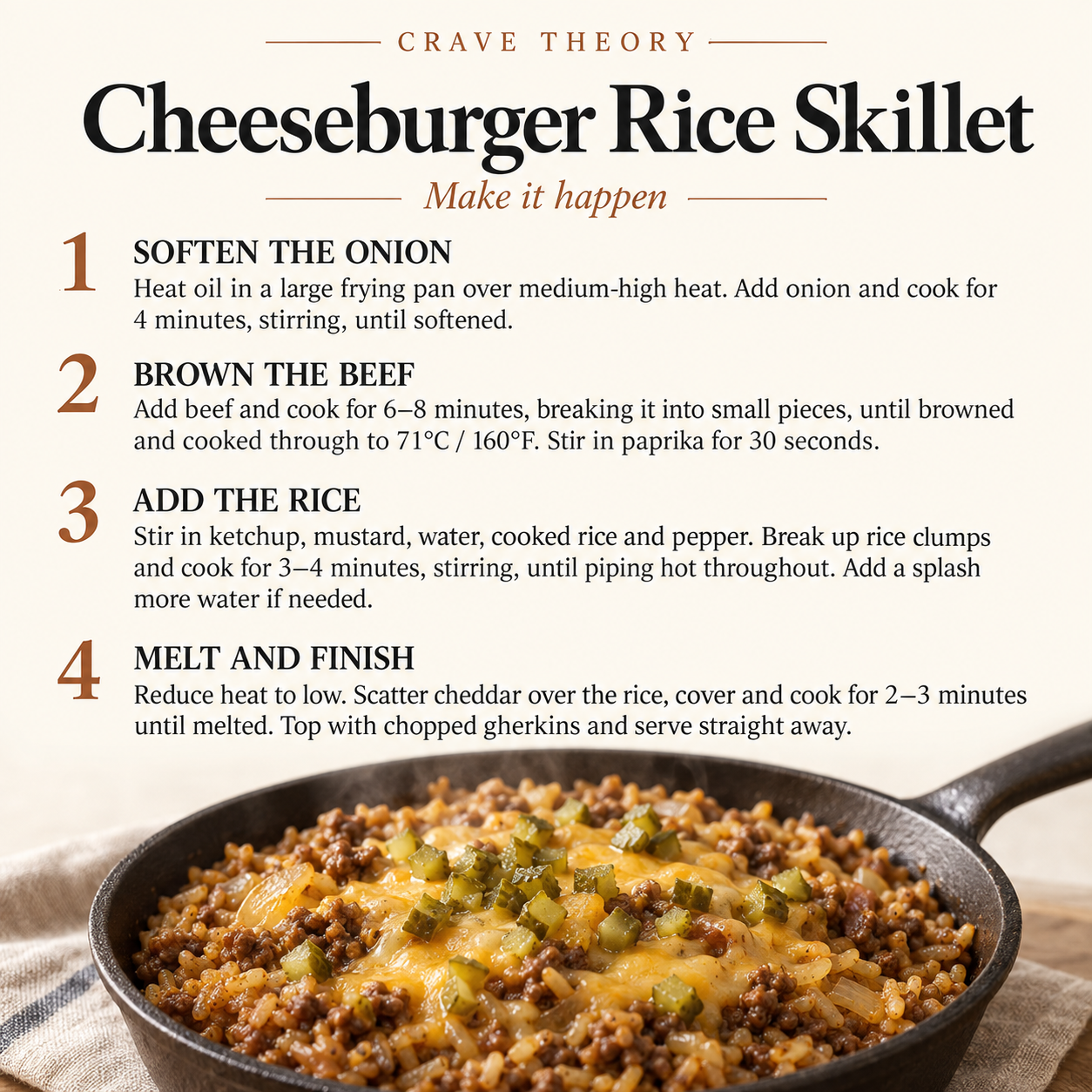 Complete method for Cheeseburger Rice Skillet