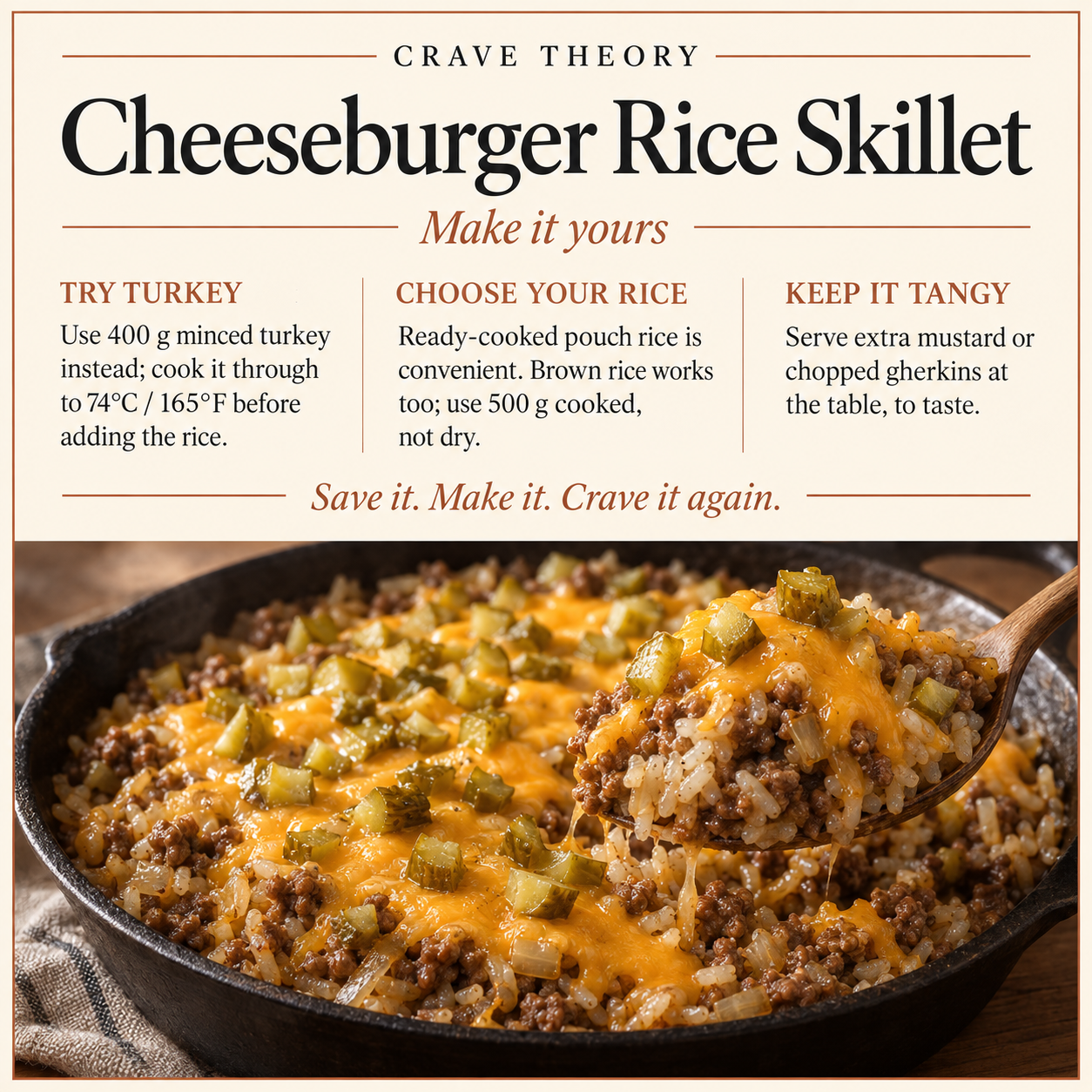 Swaps and tips for Cheeseburger Rice Skillet