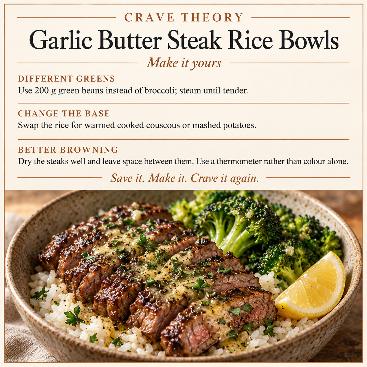 Swaps and tips for Garlic Butter Steak Rice Bowls