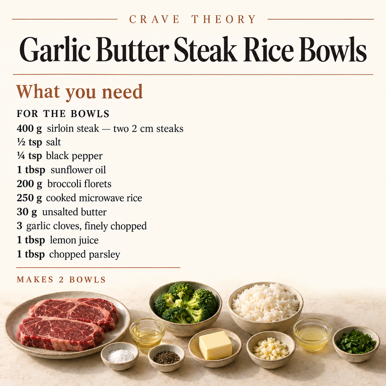 Complete ingredient quantities for Garlic Butter Steak Rice Bowls