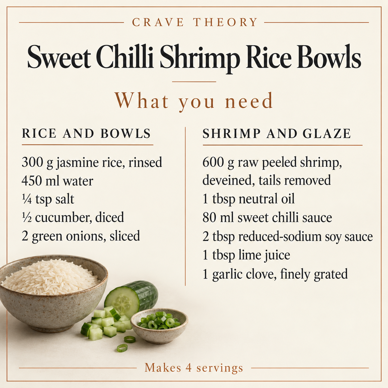 Complete ingredient quantities for Sweet Chilli Shrimp Rice Bowls