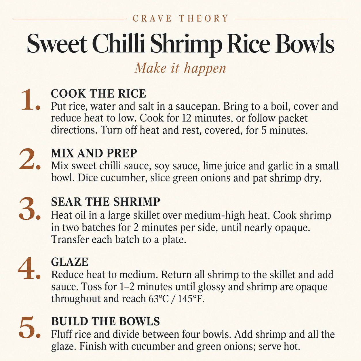Complete method for Sweet Chilli Shrimp Rice Bowls