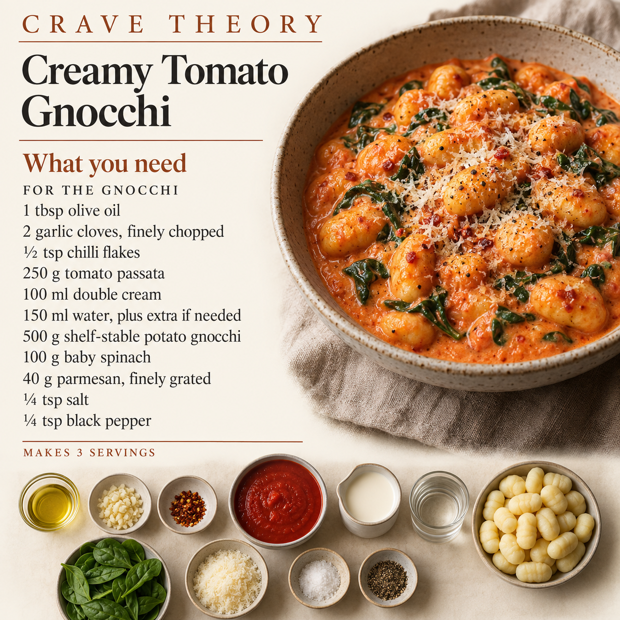 Complete ingredient quantities for Creamy Tomato Gnocchi