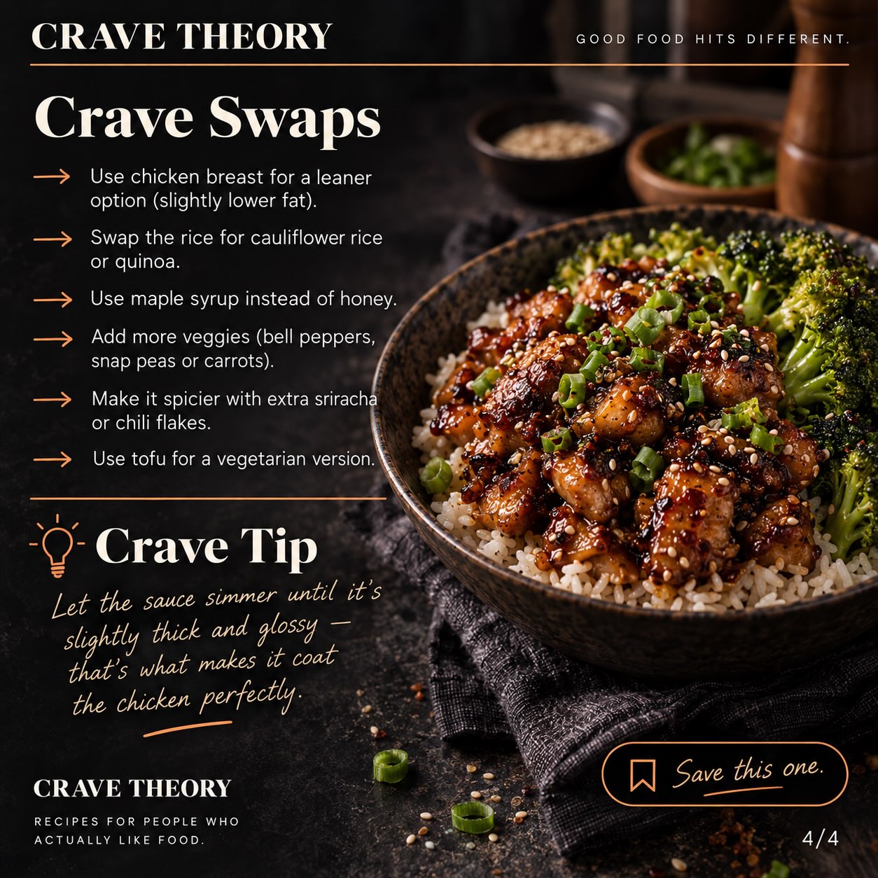 Sticky Garlic Chicken Rice Bowls — original Crave Swaps and tip card