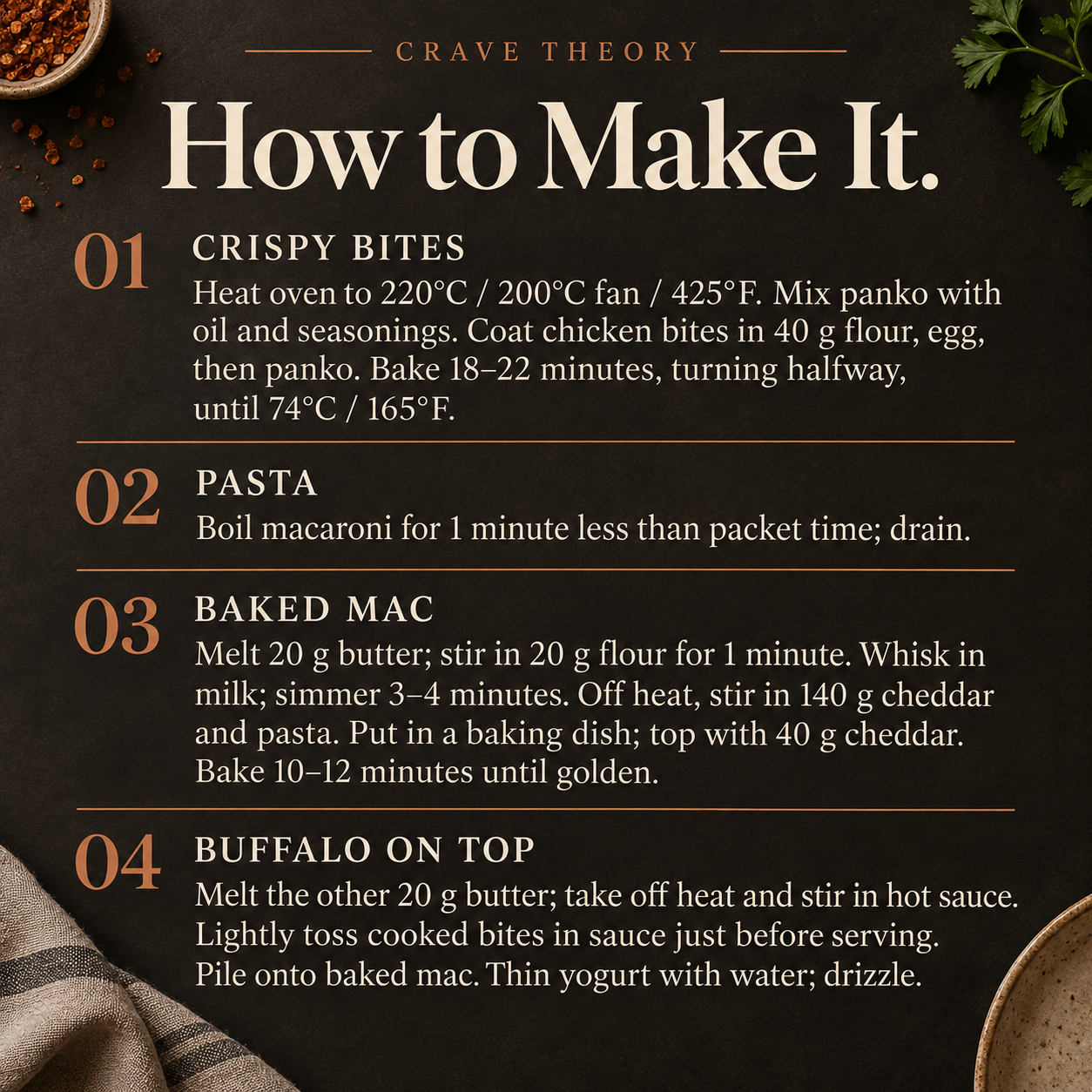 Complete method for Buffalo Chicken Mac & Cheese