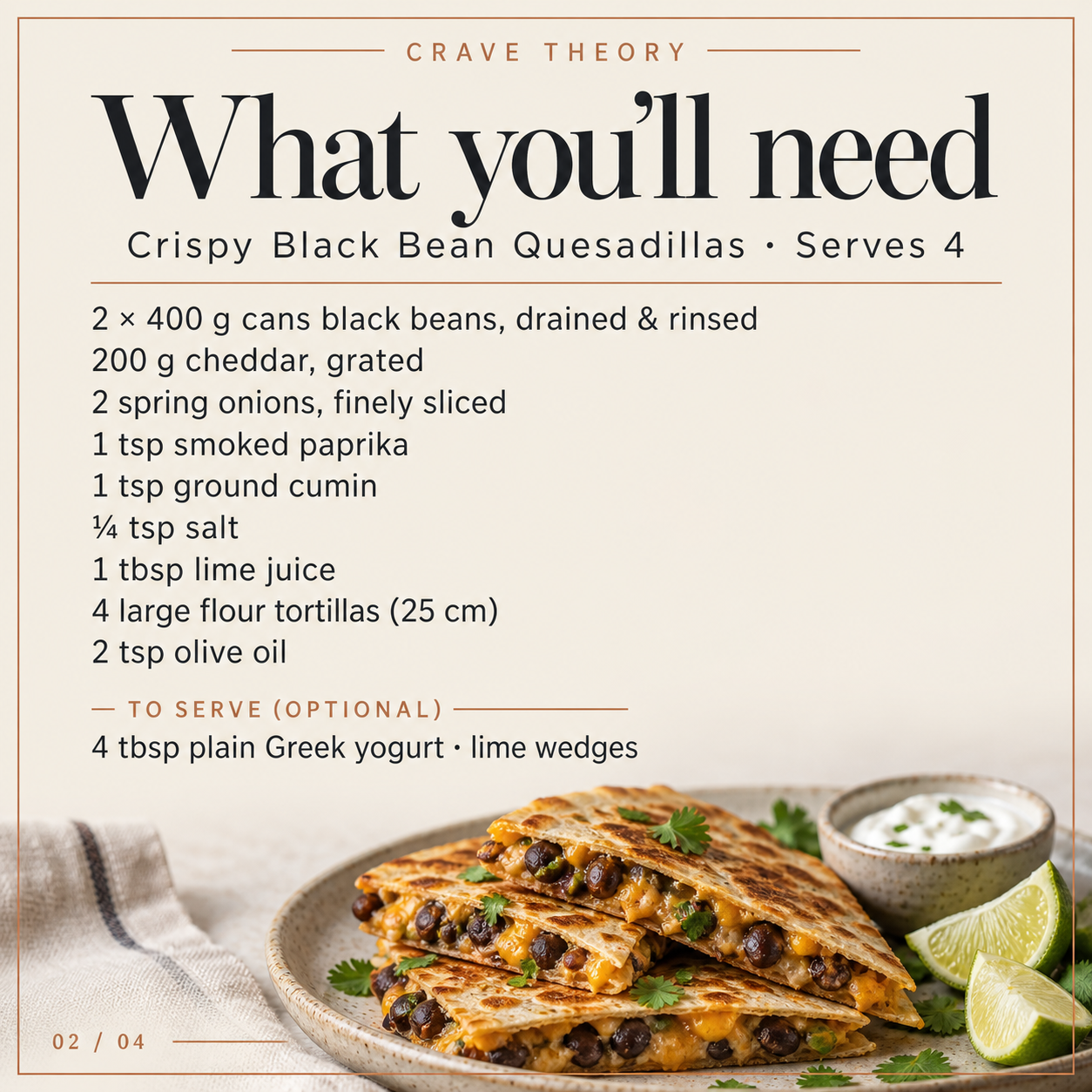 Ingredient card with black beans, cheddar, spring onions, smoked paprika, cumin, salt, lime juice, tortillas and olive oil.