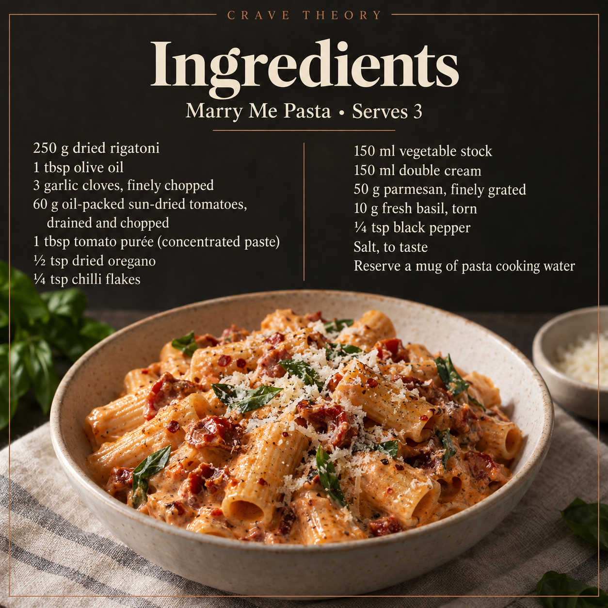 Marry Me Pasta ingredient quantities for three servings