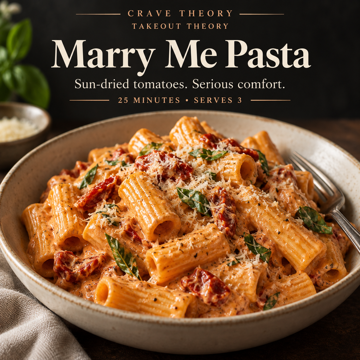 Marry Me Pasta: rigatoni with sun-dried tomato cream sauce, parmesan and basil