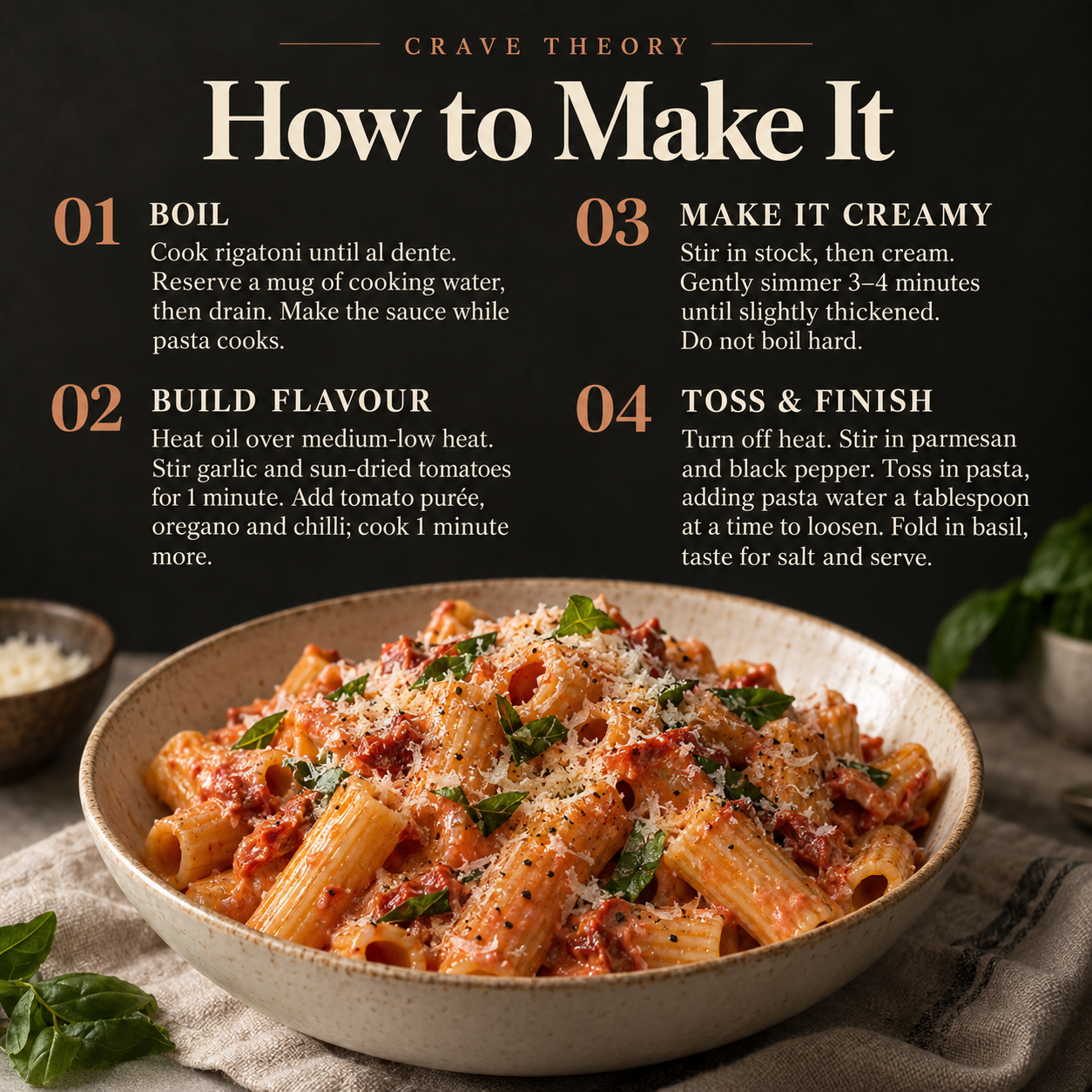 Four complete cooking steps for Marry Me Pasta